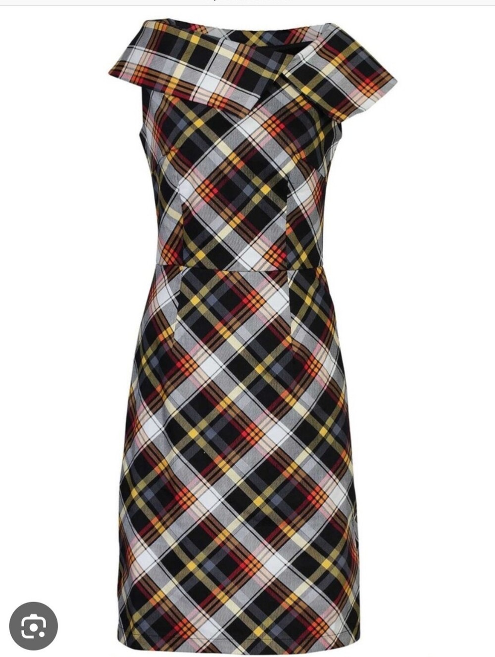 Plaid Off-Shoulder Sheath Dress in Black and Multicolor Size US6 UK10